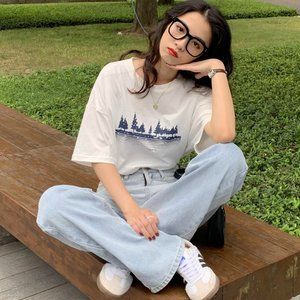 Forest print all-match tee casual round neck loose